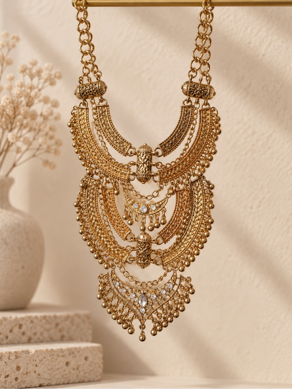 Gold Boho Statement Bib Necklace Rhinestone Layered Adjustable Chain
